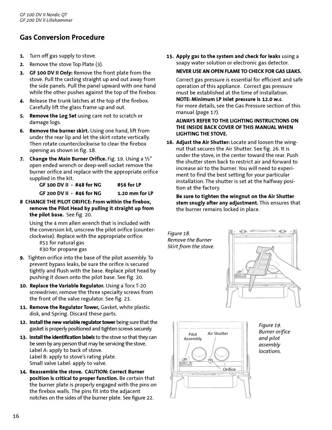 Jotul GF 100 DV II, GF 200 DV II manual Gas Conversion Procedure, Never USE AN Open Flame to Check for GAS Leaks 