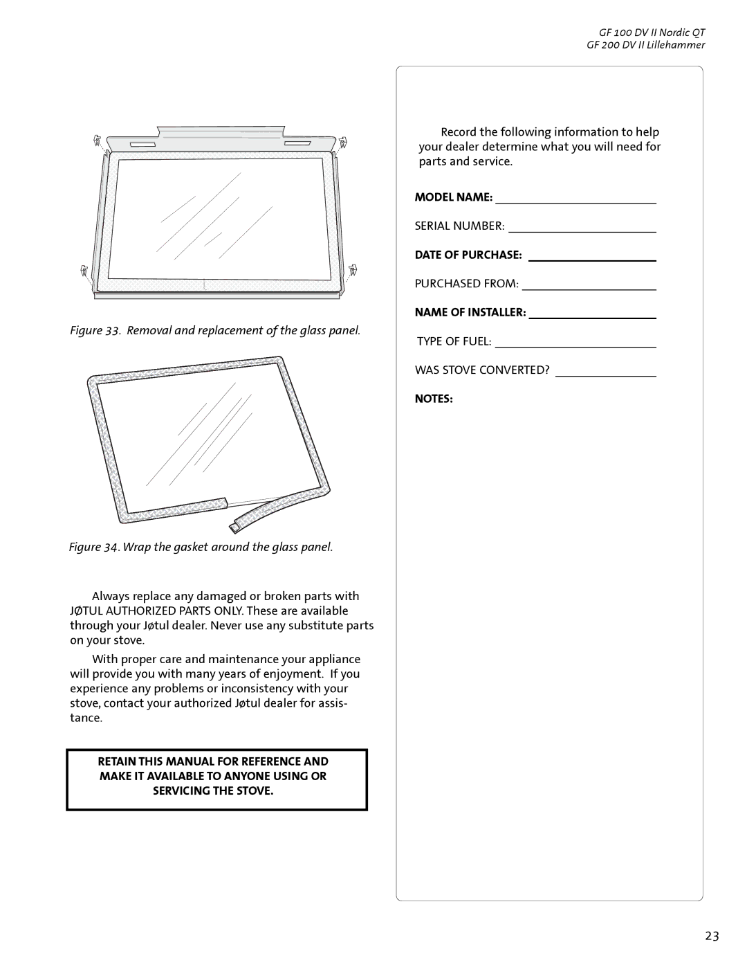 Jotul GF 100 DV II, GF 200 DV II manual Date of Purchase, Name of Installer 