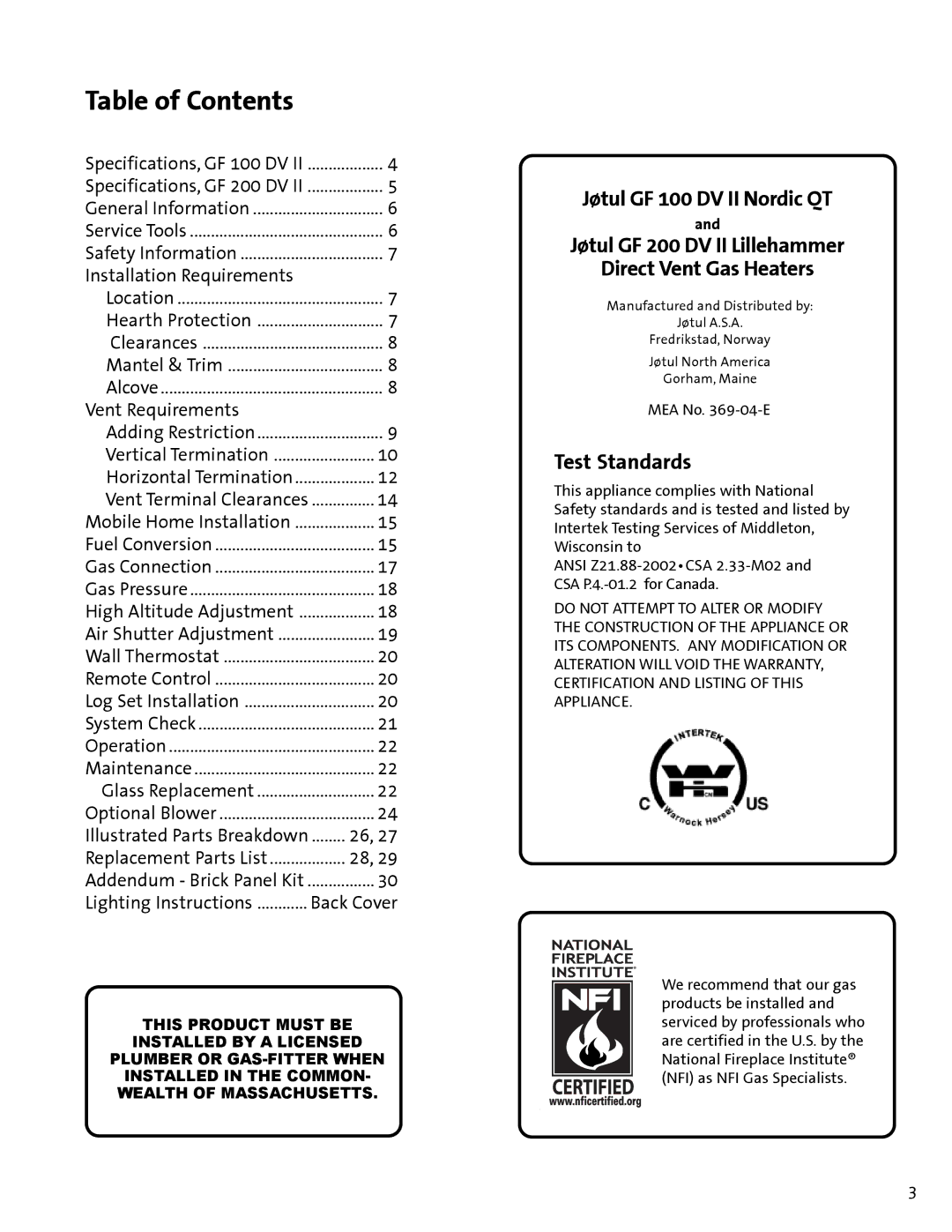 Jotul GF 100 DV II, GF 200 DV II manual Table of Contents 