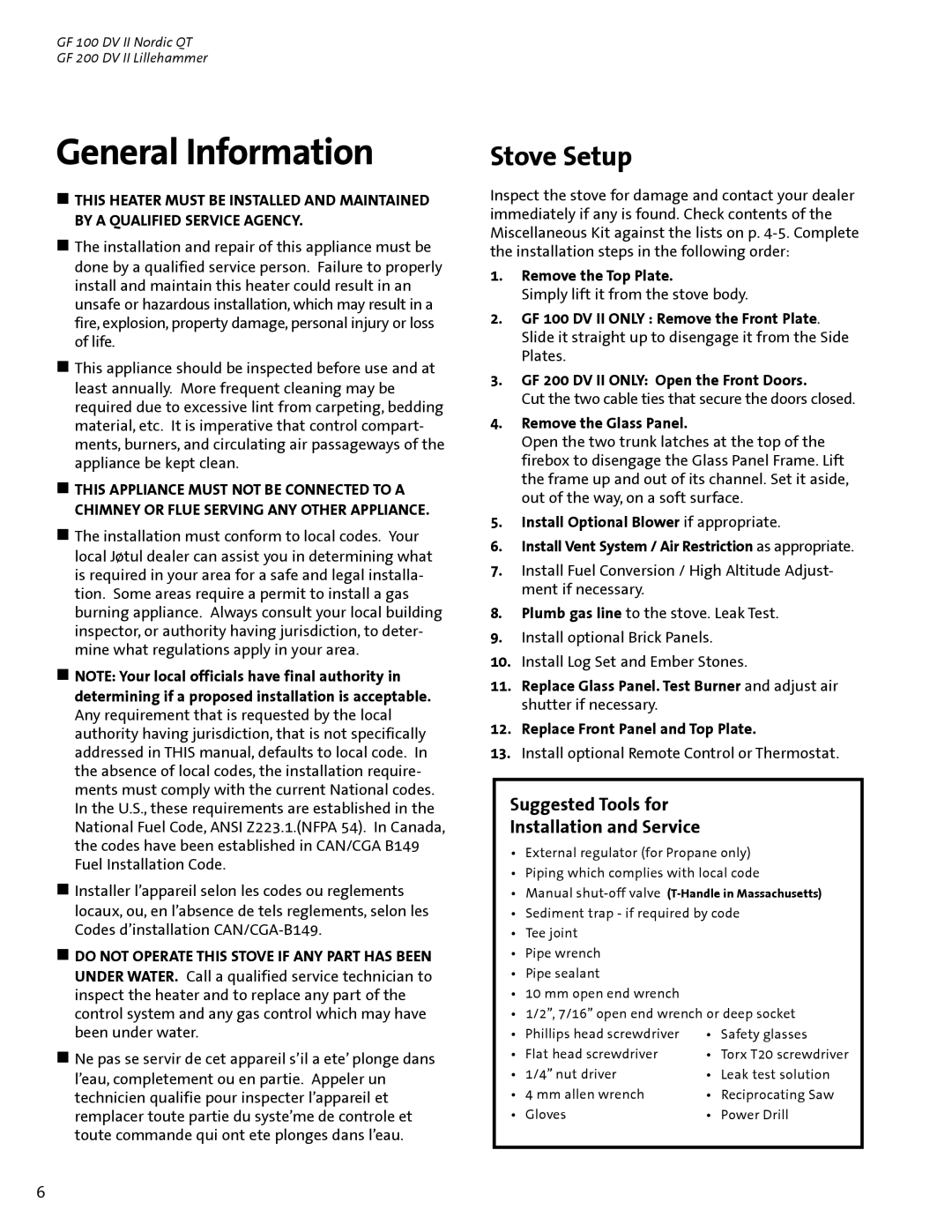 Jotul GF 100 DV II, GF 200 DV II manual Stove Setup, Suggested Tools for Installation and Service, Remove the Top Plate 