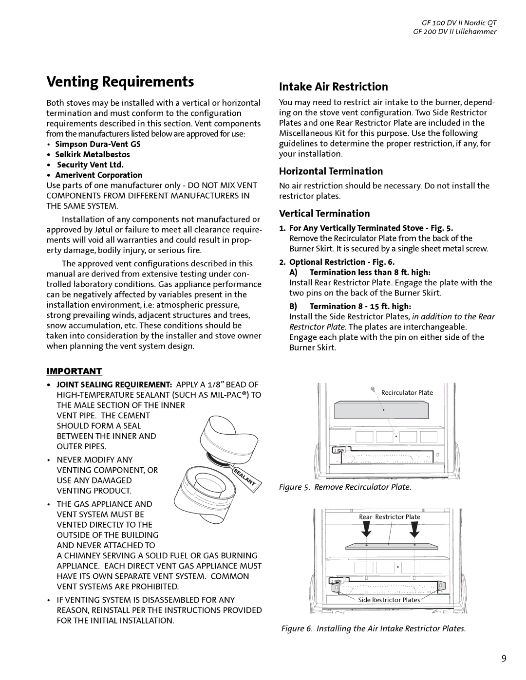 Jotul GF 100 DV II, GF 200 DV II manual Venting Requirements, Intake Air Restriction, Horizontal Termination 