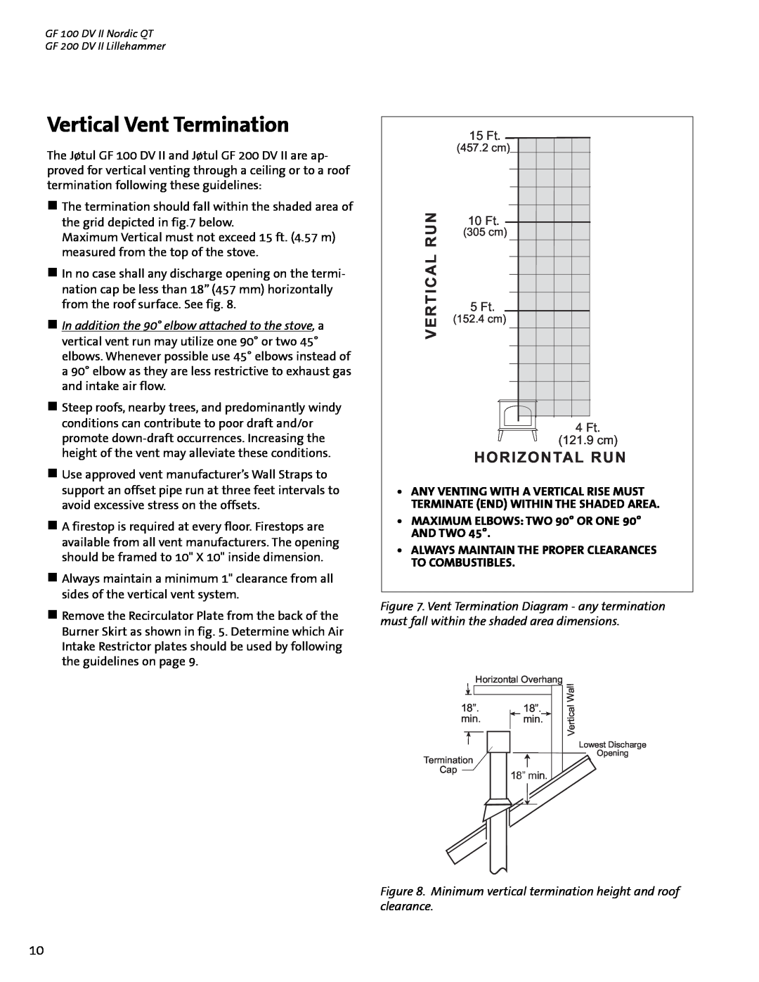 Jotul GF 100 DV II, GF 200 DV II manual Vertical Vent Termination, Horizontal Run, 15Ft, 10 Ft, 4 Ft 121.9 cm 