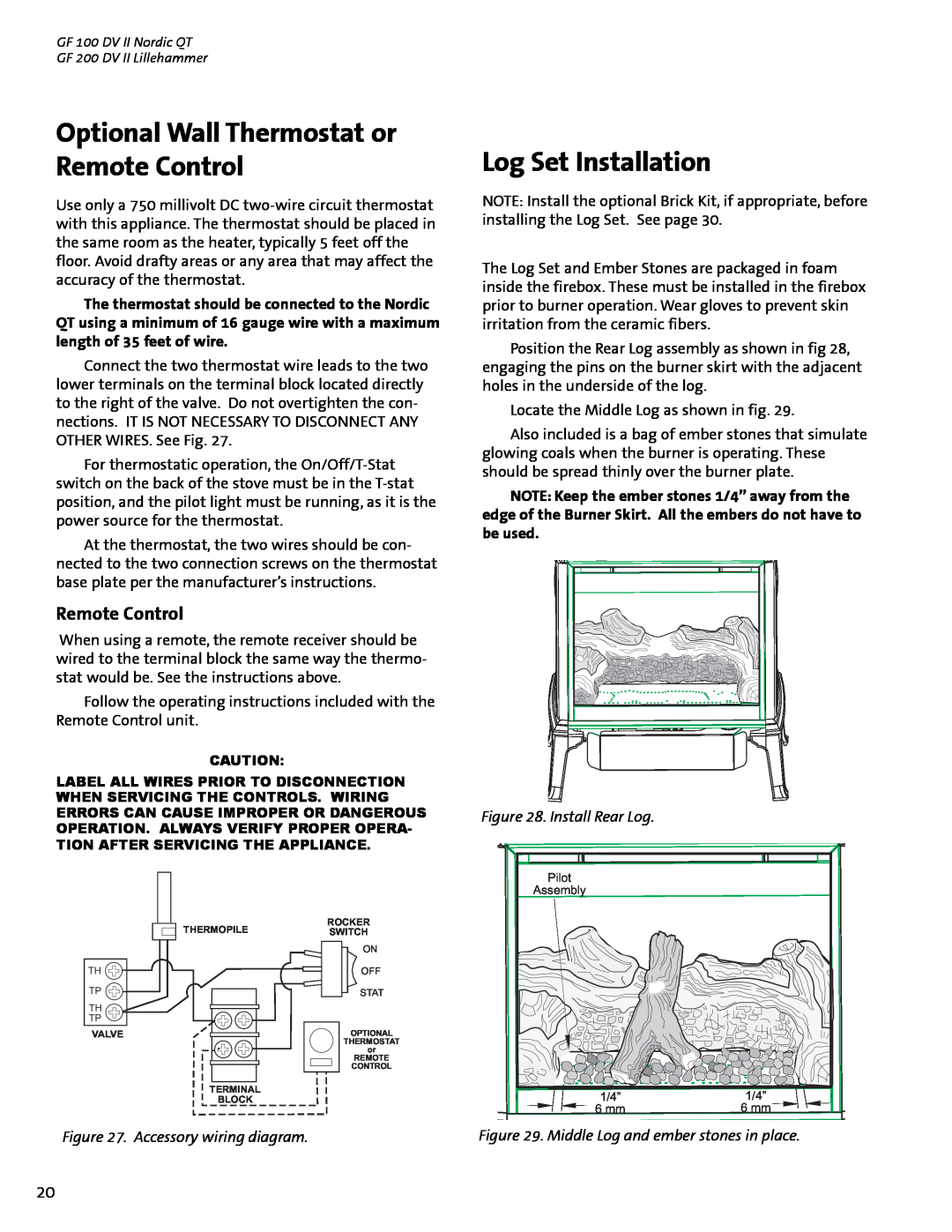 Jotul GF 100 DV II, GF 200 DV II manual Optional Wall Thermostat or Remote Control, Log Set Installation, Install Rear Log 