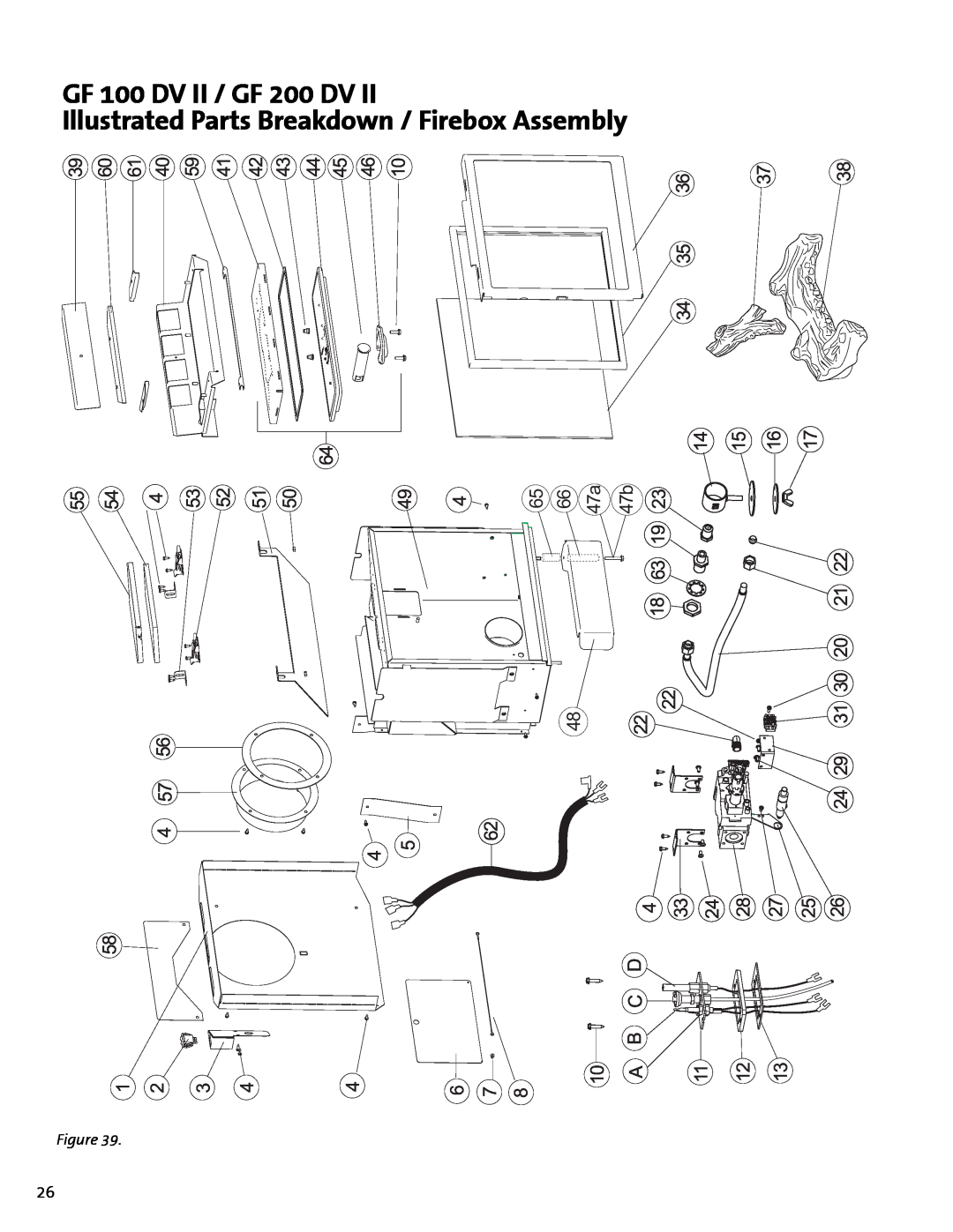 Jotul GF 100 DV II, GF 200 DV II manual GF 100 DV II / GF 200 DV, Illustrated Parts Breakdown / Firebox Assembly 