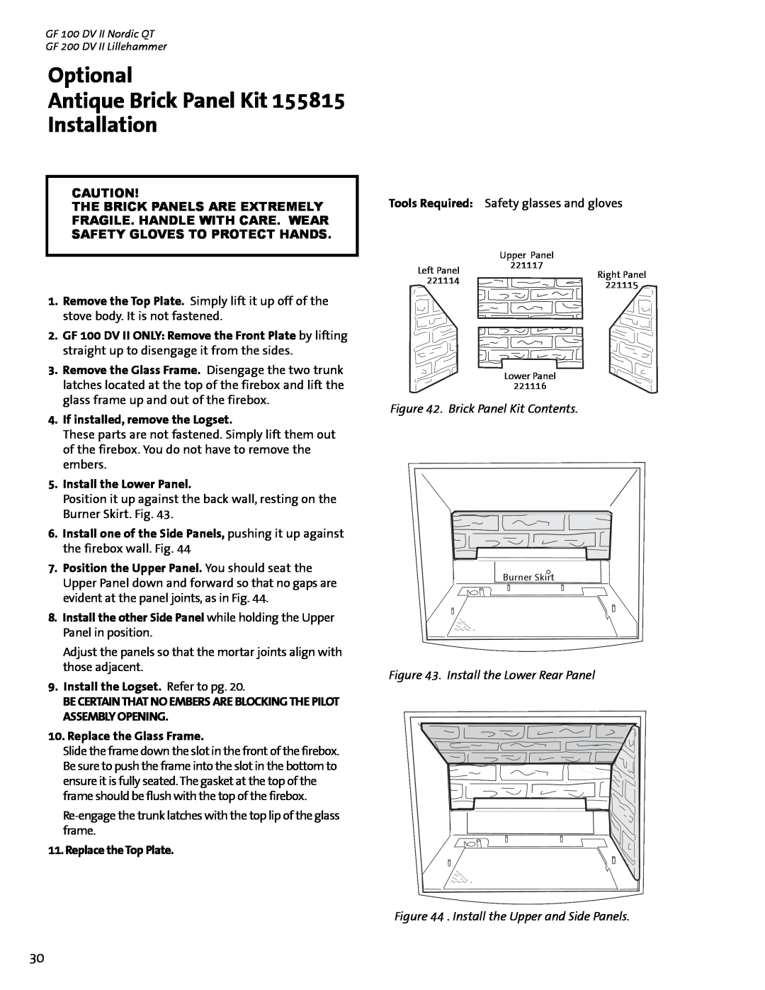 Jotul GF 100 DV II, GF 200 DV II manual Optional Antique Brick Panel Kit Installation, Brick Panel Kit Contents 