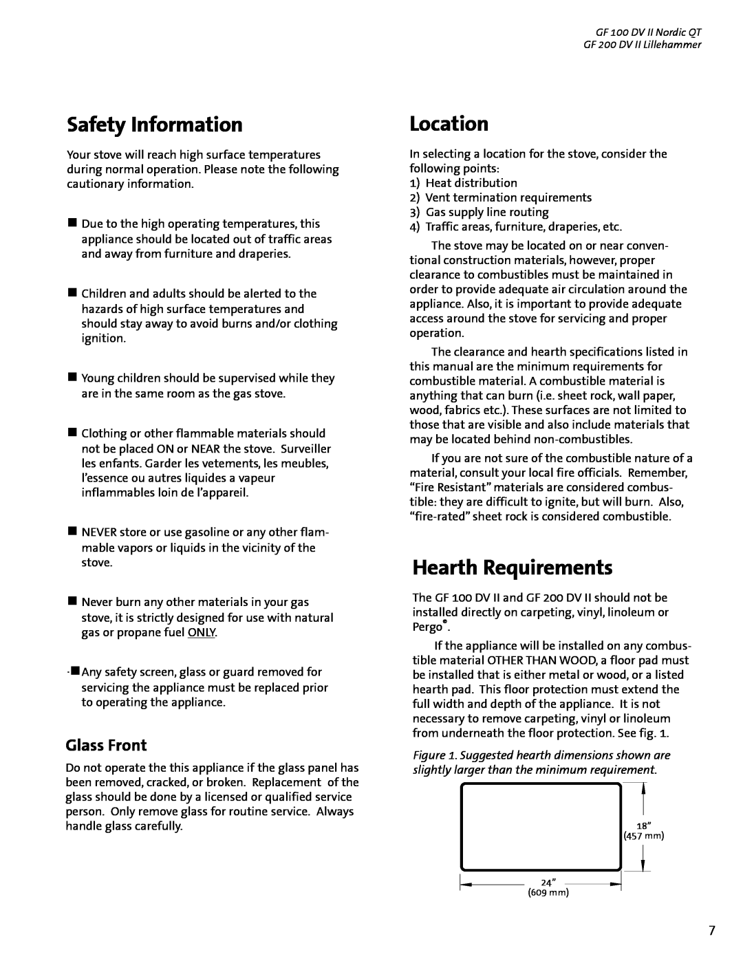 Jotul GF 100 DV II, GF 200 DV II manual Safety Information, Location, Hearth Requirements, Glass Front 