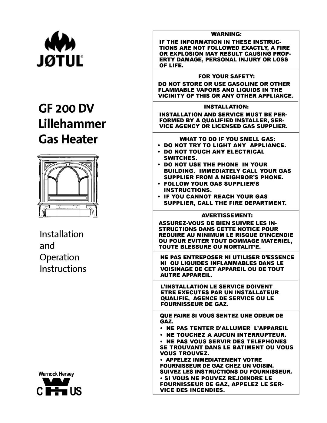 Jotul manual GF 200 DV Lillehammer Gas Heater 