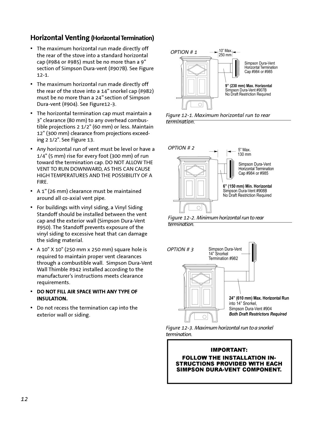 Jotul GF 200 DV manual Horizontal Venting Horizontal Termination 