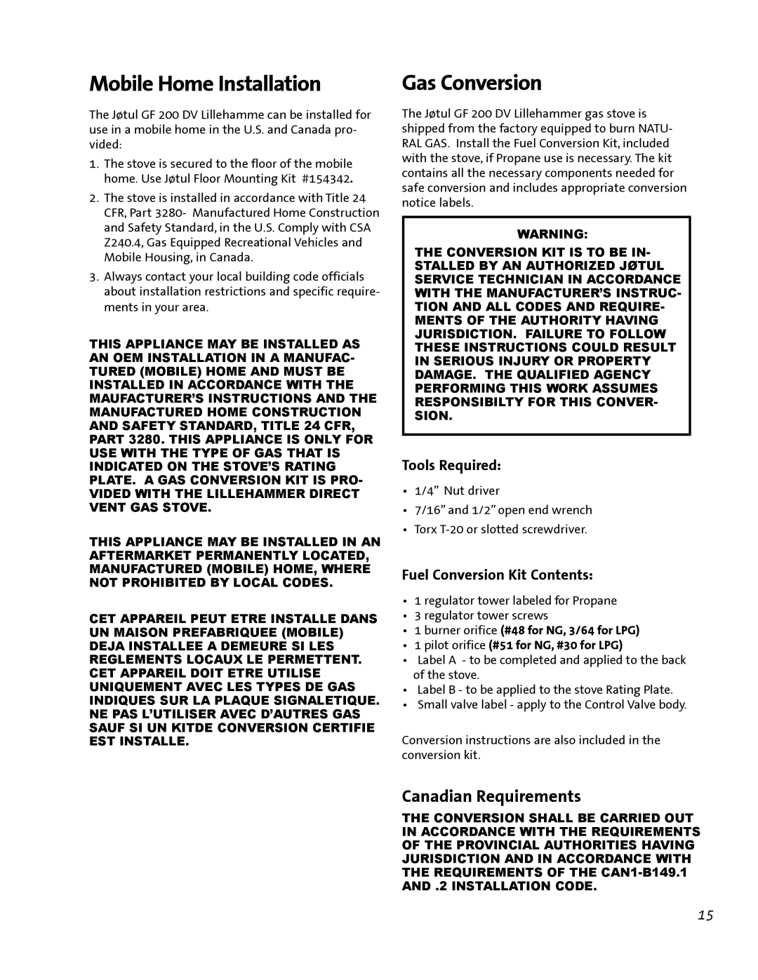 Jotul GF 200 DV manual Mobile Home Installation, Gas Conversion, Canadian Requirements, Tools Required 