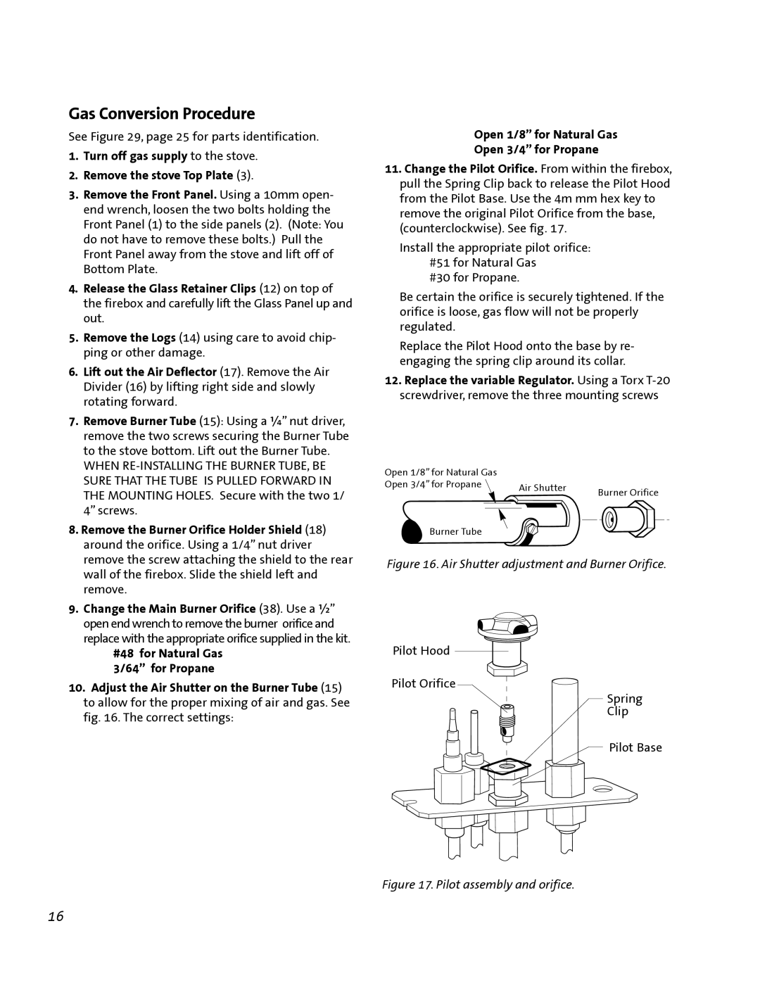 Jotul GF 200 DV manual Gas Conversion Procedure, Air Shutter adjustment and Burner Orifice 