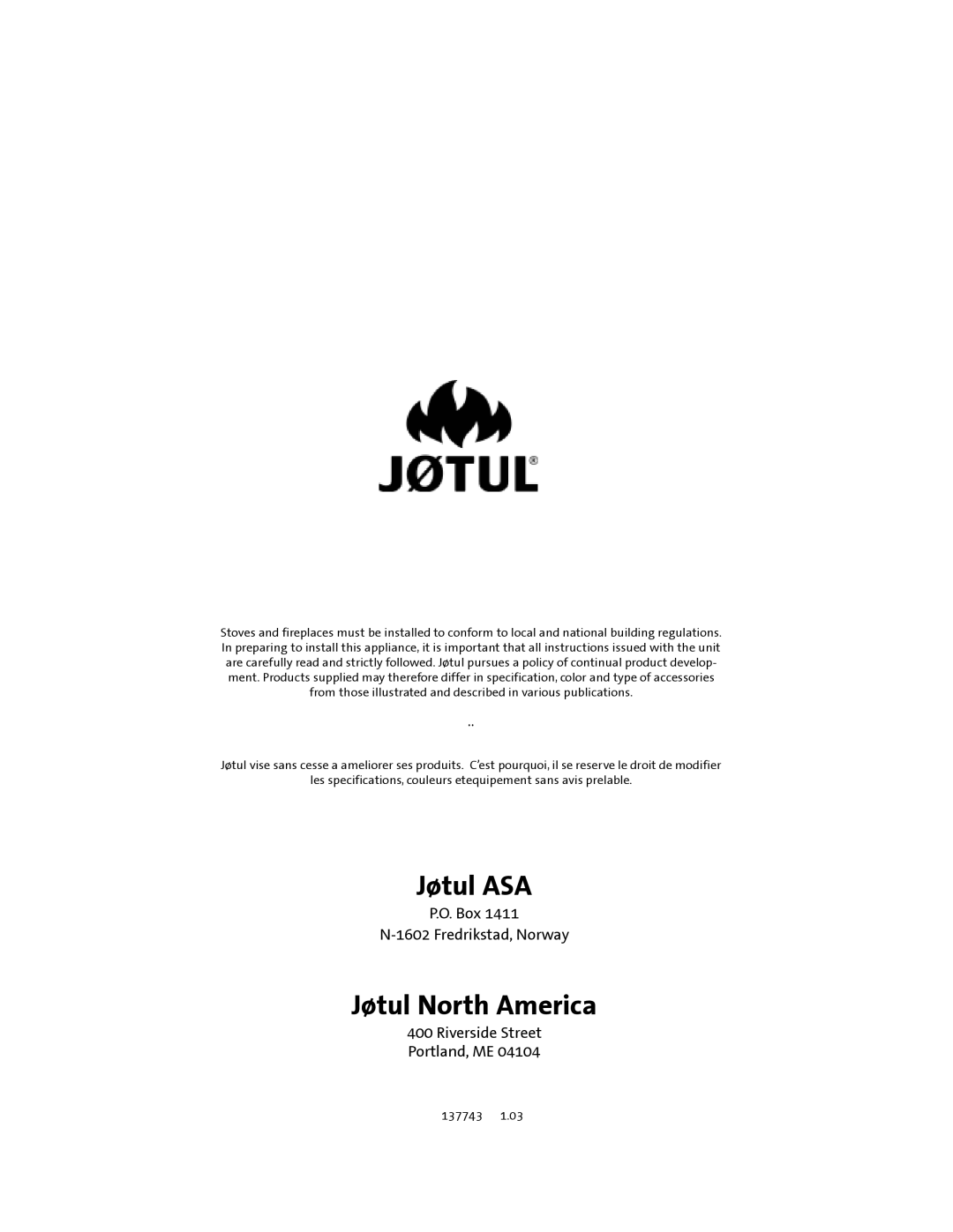 Jotul GF 200 DV manual Jøtul ASA, Jøtul North America 