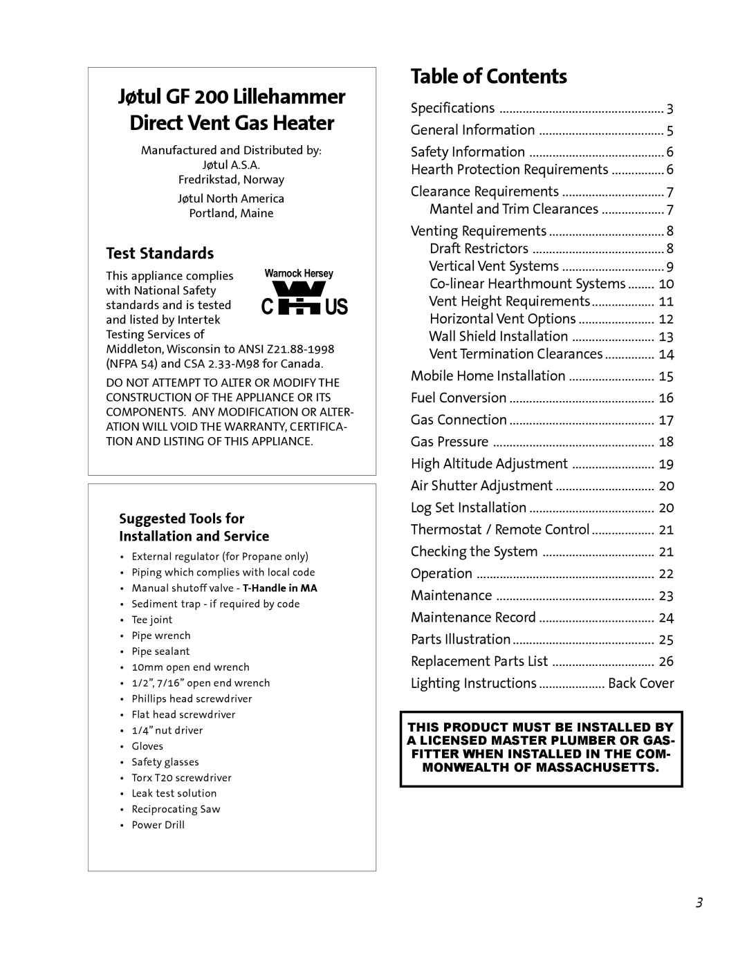 Jotul GF 200 DV manual Table of Contents 