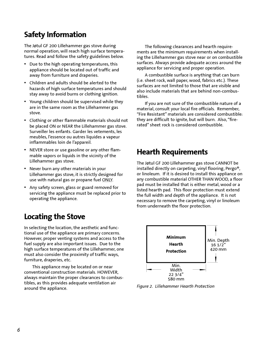 Jotul GF 200 DV manual Safety Information, Locating the Stove, Hearth Requirements, Minimum 