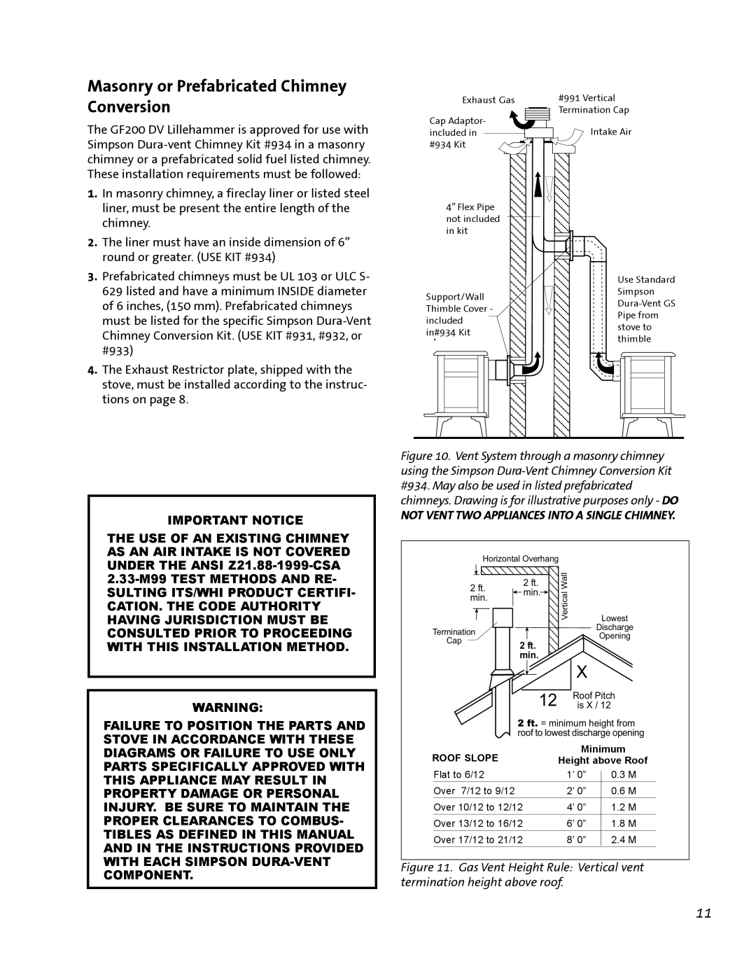 Jotul GF 200 DV manual Masonry or Prefabricated Chimney Conversion, Important Notice, 2.33-M99TEST METHODS AND RE 
