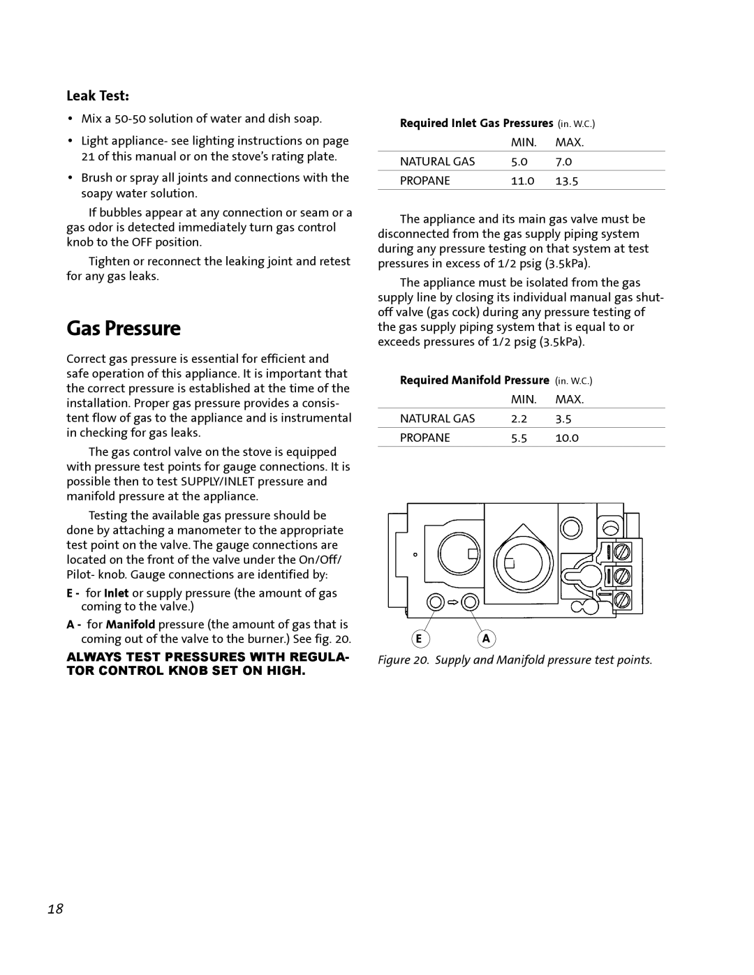 Jotul GF 200 DV manual Leak Test, Required Inlet Gas Pressures in. W.C, Required Manifold Pressure in. W.C 