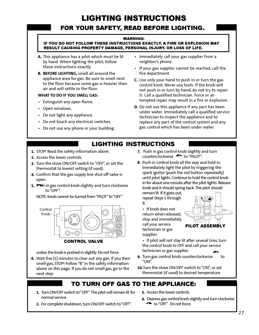 Jotul GF 200 DV manual Lighting Instructions, For Your Safety, Read Before Lighting, To Turn Off Gas To The Appliance 
