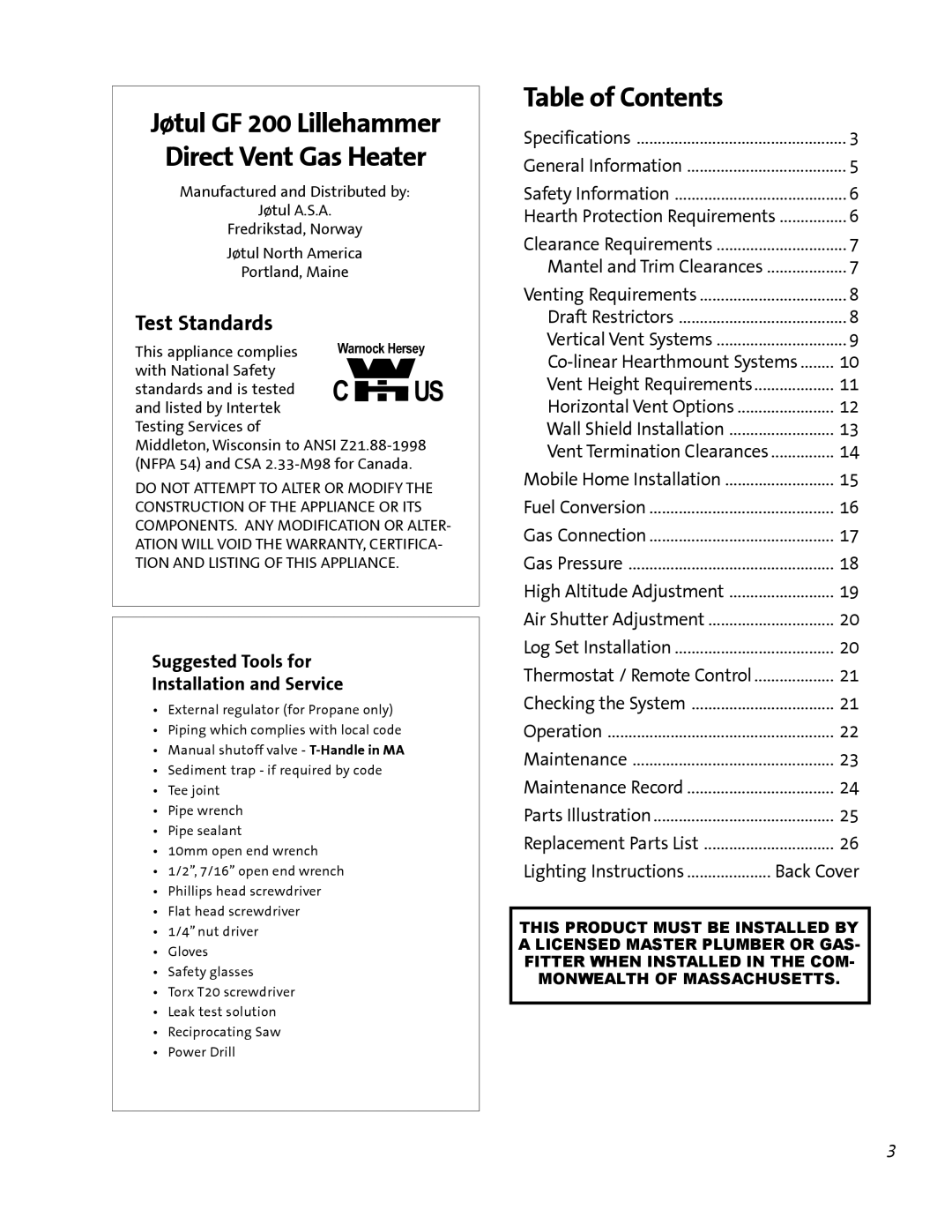 Jotul GF 200 DV manual Table of Contents, Test Standards, Suggested Tools for Installation and Service 
