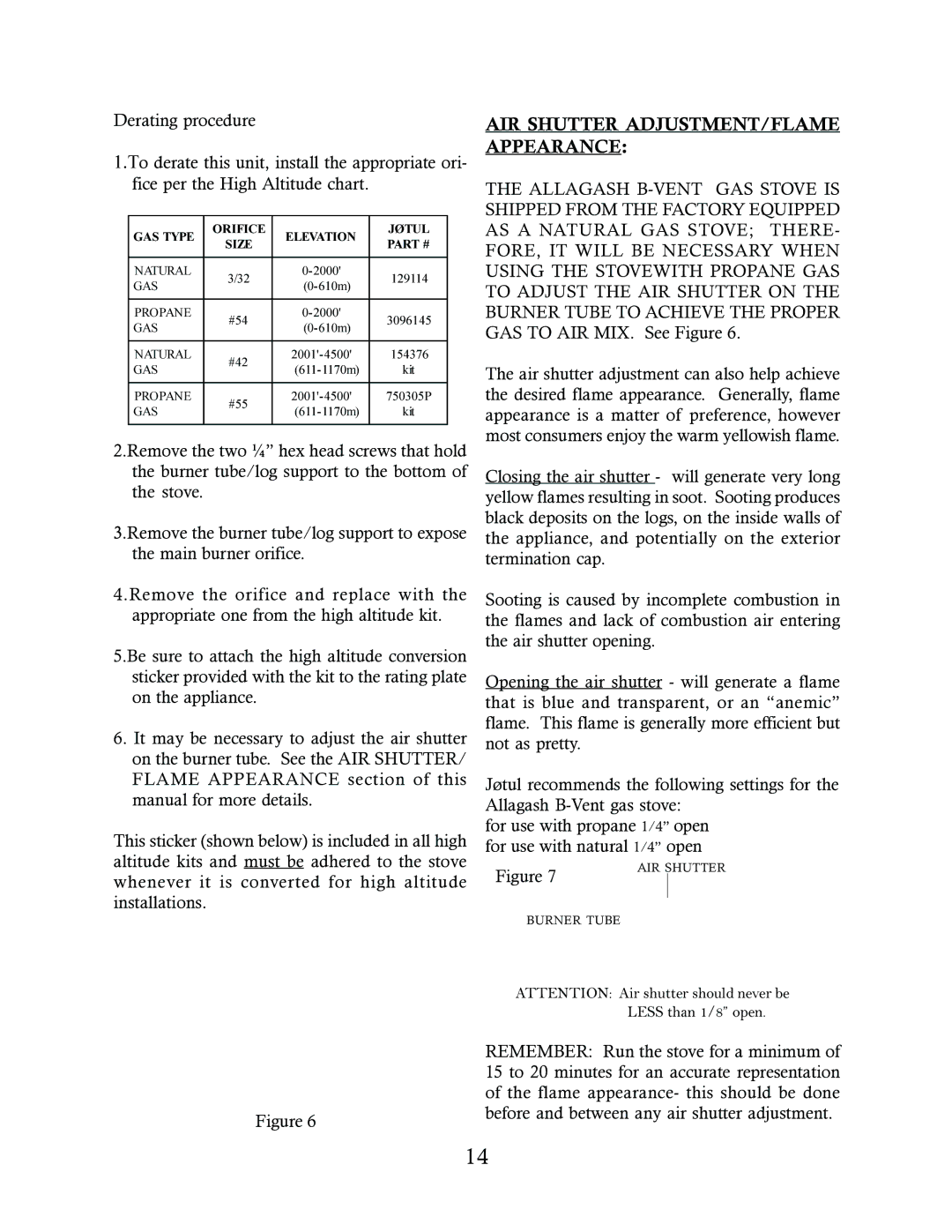 Jotul GF 3 BV manual AIR Shutter ADJUSTMENT/FLAME Appearance, GAS Type Orifice Elevation Jøtul Size 