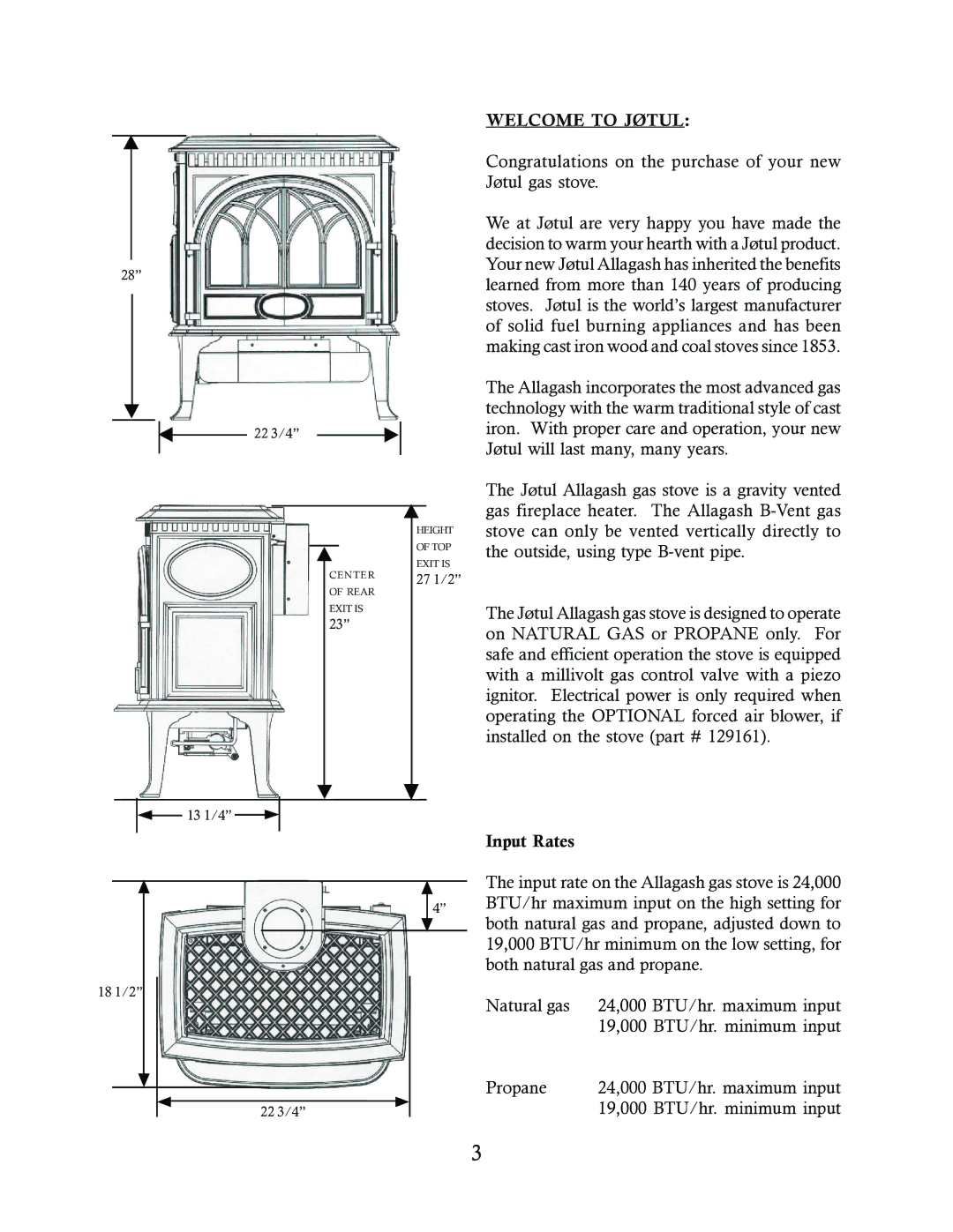 Jotul GF 3 BV manual Welcome to Jøtul, Input Rates 