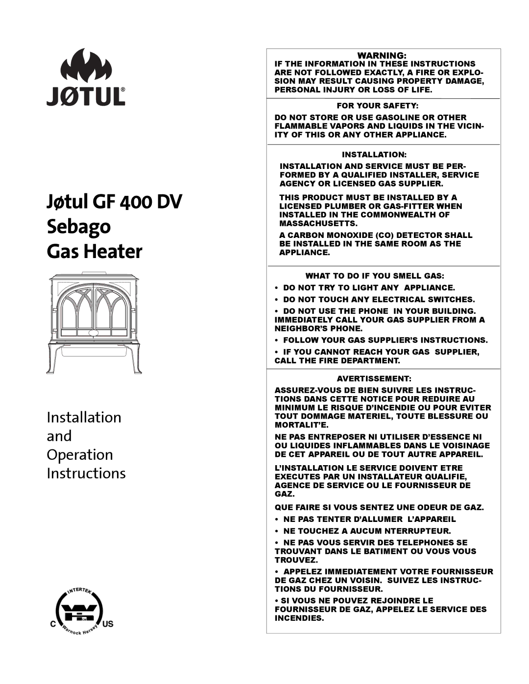 Jotul manual Jøtul GF 400 DV Sebago Gas Heater 