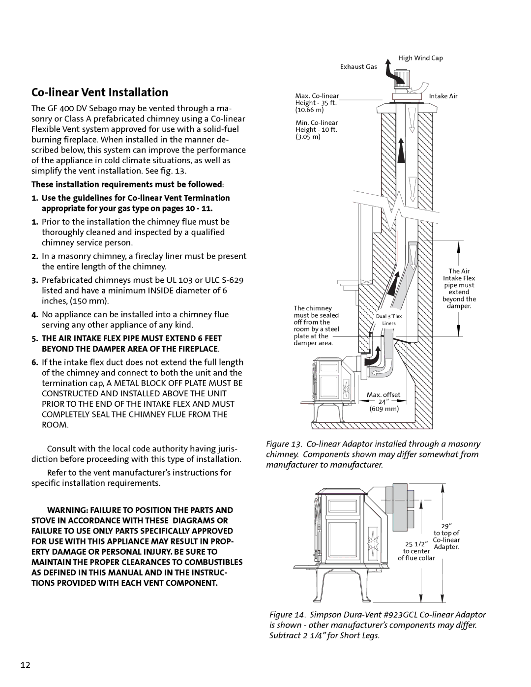 Jotul GF 400 DV manual Co-linear Vent Installation, These installation requirements must be followed 