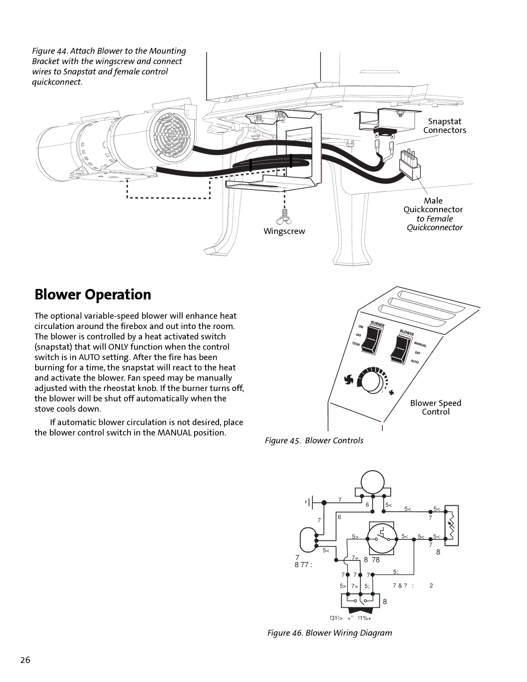 Jotul GF 400 DV manual Blower Operation, Wingscrew Snapstat Connectors Male Quickconnector 