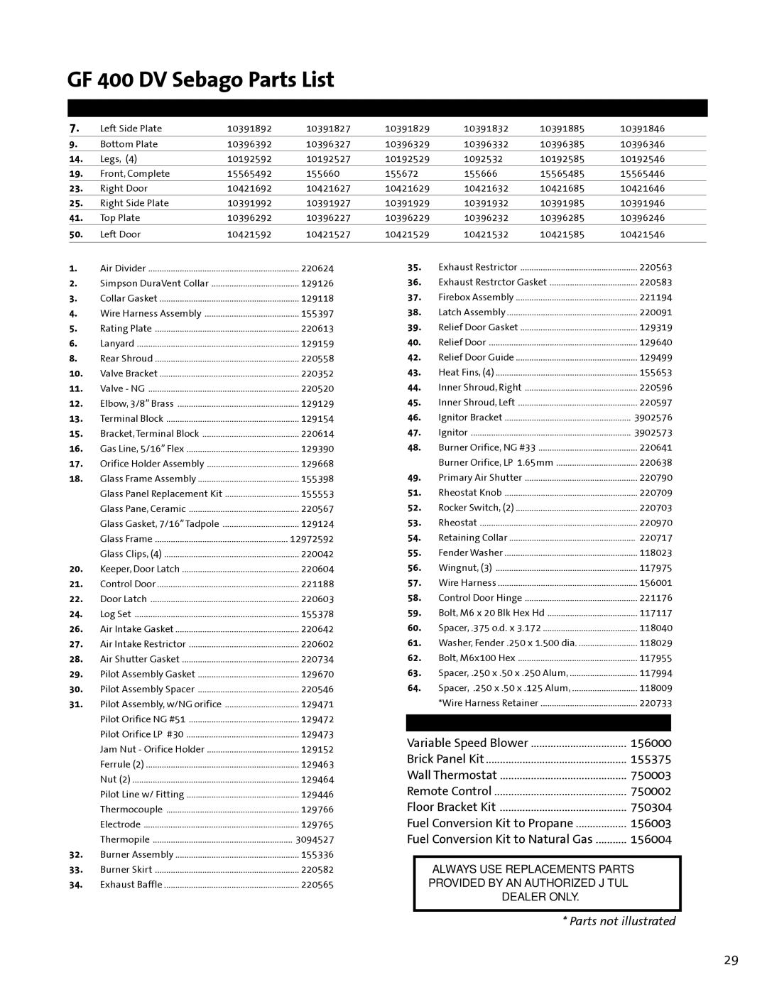 Jotul manual GF 400 DV Sebago Parts List 