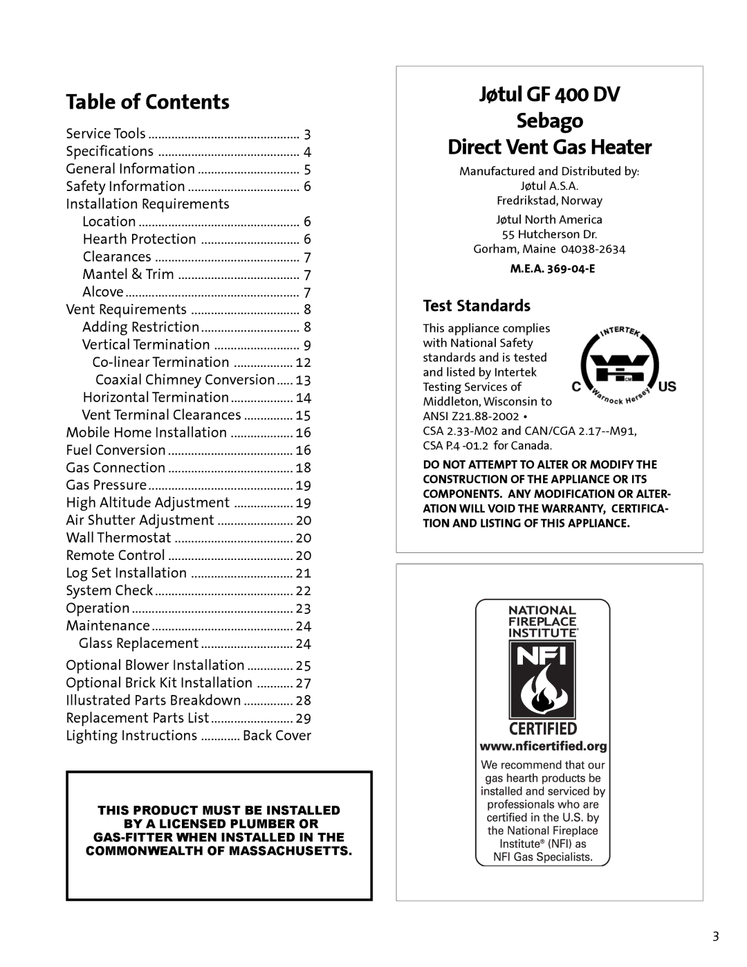 Jotul manual Jøtul GF 400 DV Sebago Direct Vent Gas Heater, Table of Contents 