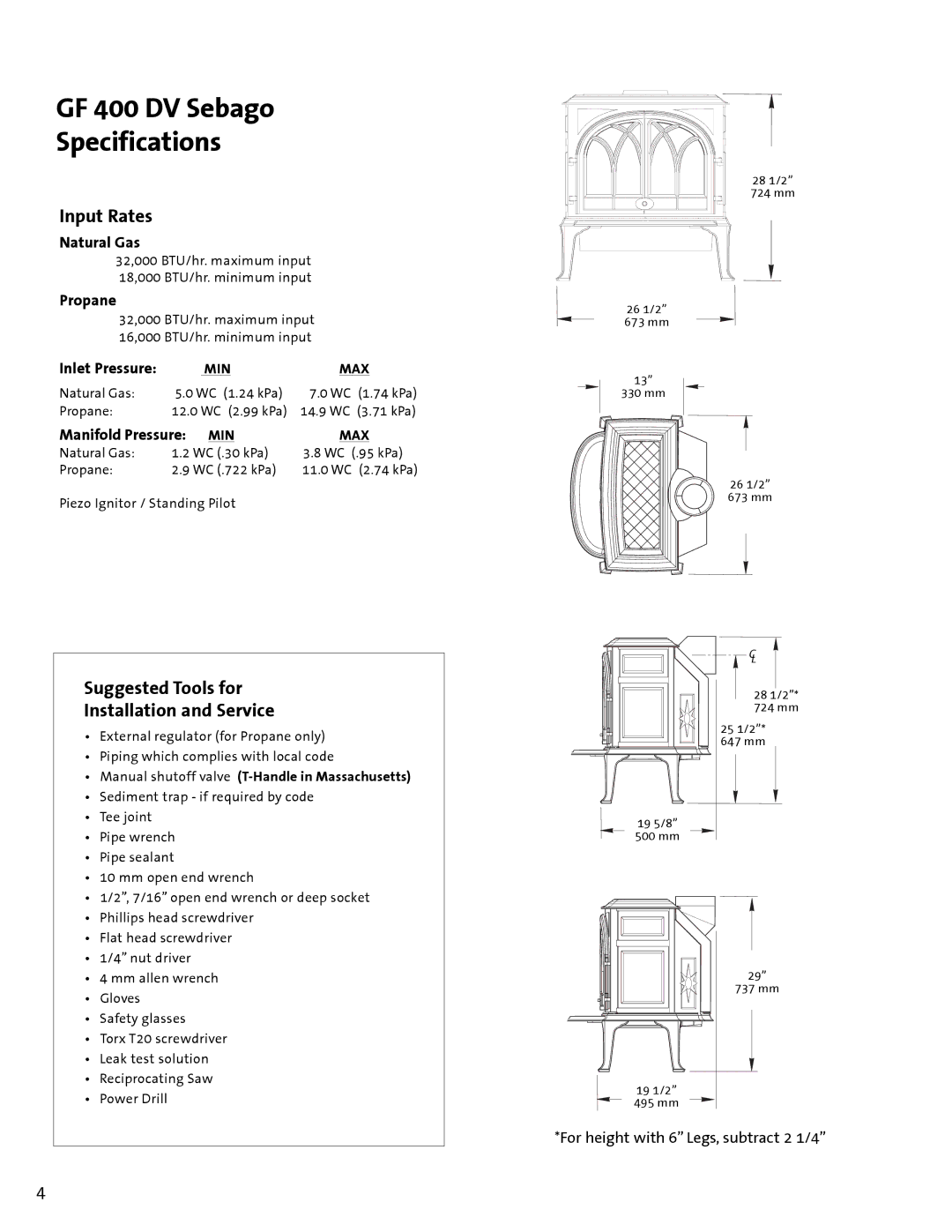 Jotul manual GF 400 DV Sebago Specifications, Input Rates, Suggested Tools for Installation and Service 