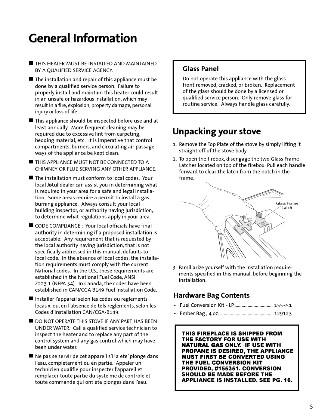 Jotul GF 400 DV manual Unpacking your stove, Glass Panel, Hardware Bag Contents 