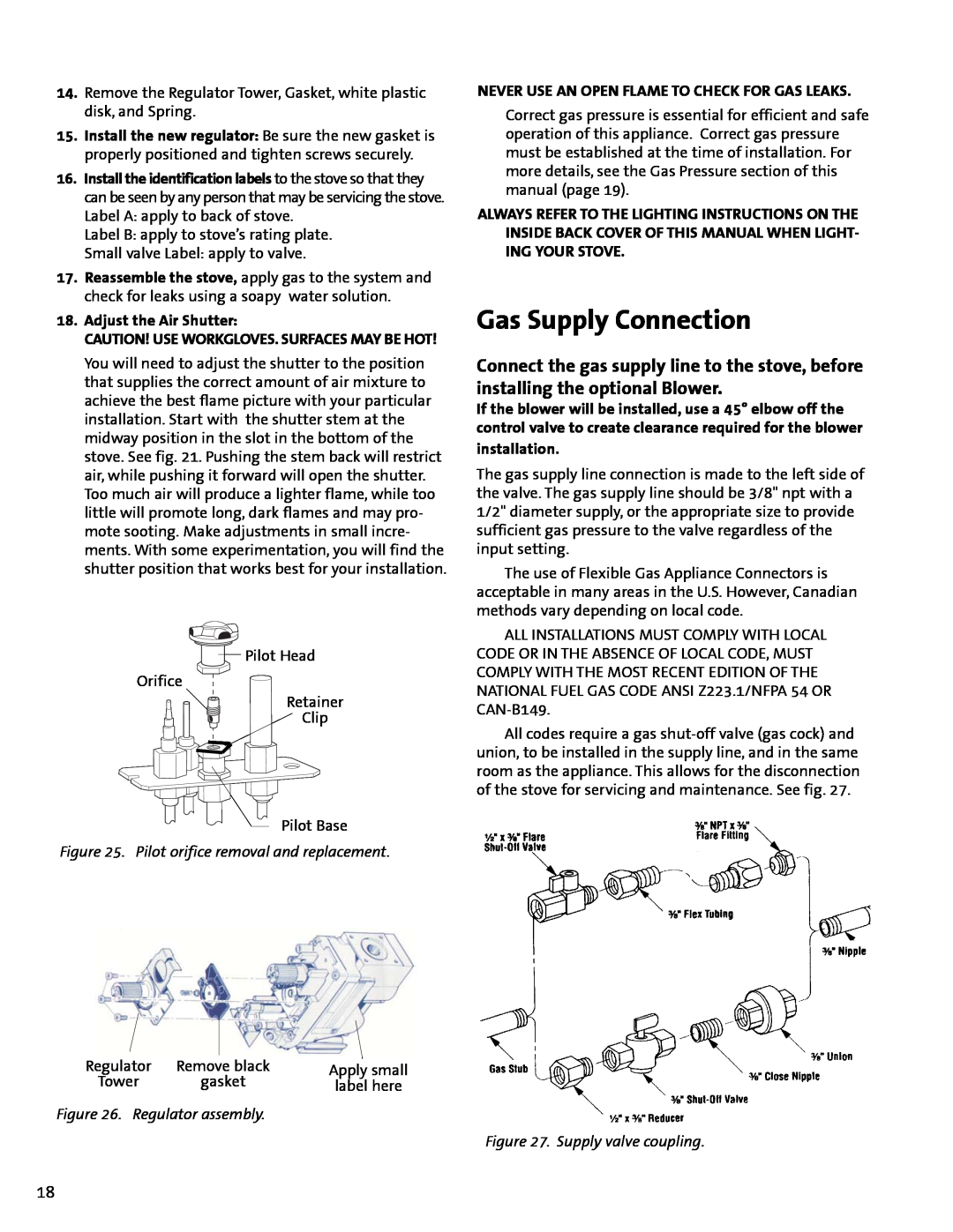 Jotul GF 400 DV Gas Supply Connection, Pilot orifice removal and replacement, Regulator assembly, Supply valve coupling 