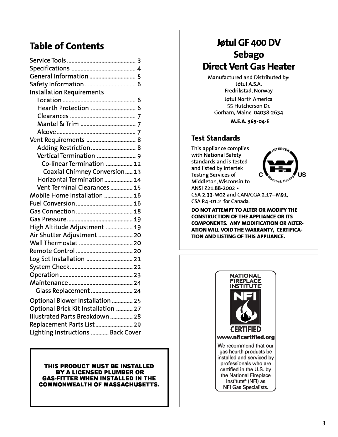 Jotul manual Jøtul GF 400 DV Sebago Direct Vent Gas Heater, Table of Contents, Test Standards 