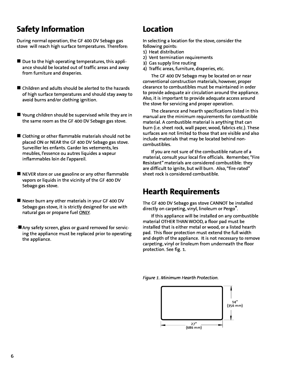 Jotul GF 400 DV manual Safety Information, Location, Hearth Requirements, Minimum Hearth Protection 