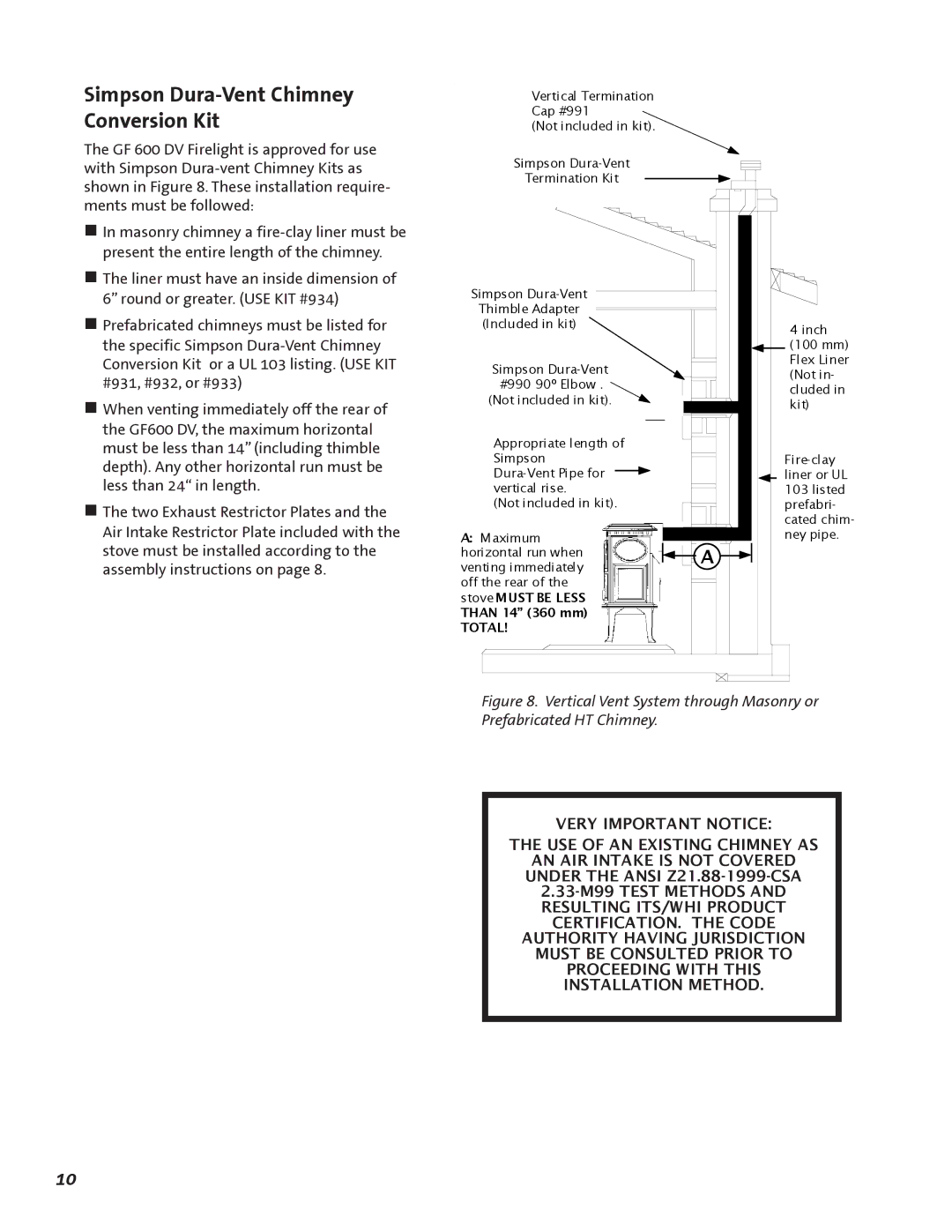 Jotul GF 600 DV manual Simpson Dura-Vent Chimney Conversion Kit, GF600 DV, the maximum horizontal 