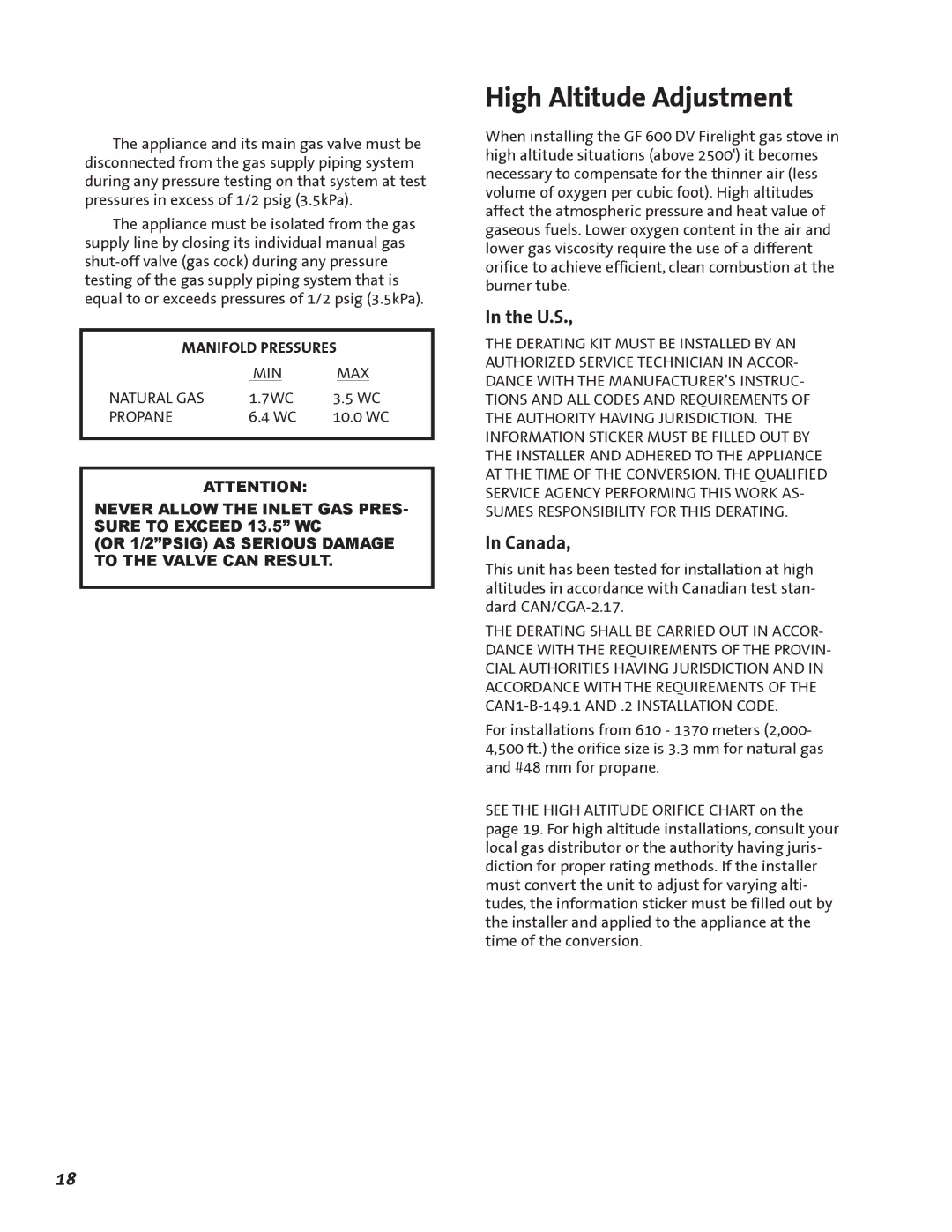 Jotul GF 600 DV manual High Altitude Adjustment, U.S, Canada, Manifold Pressures 