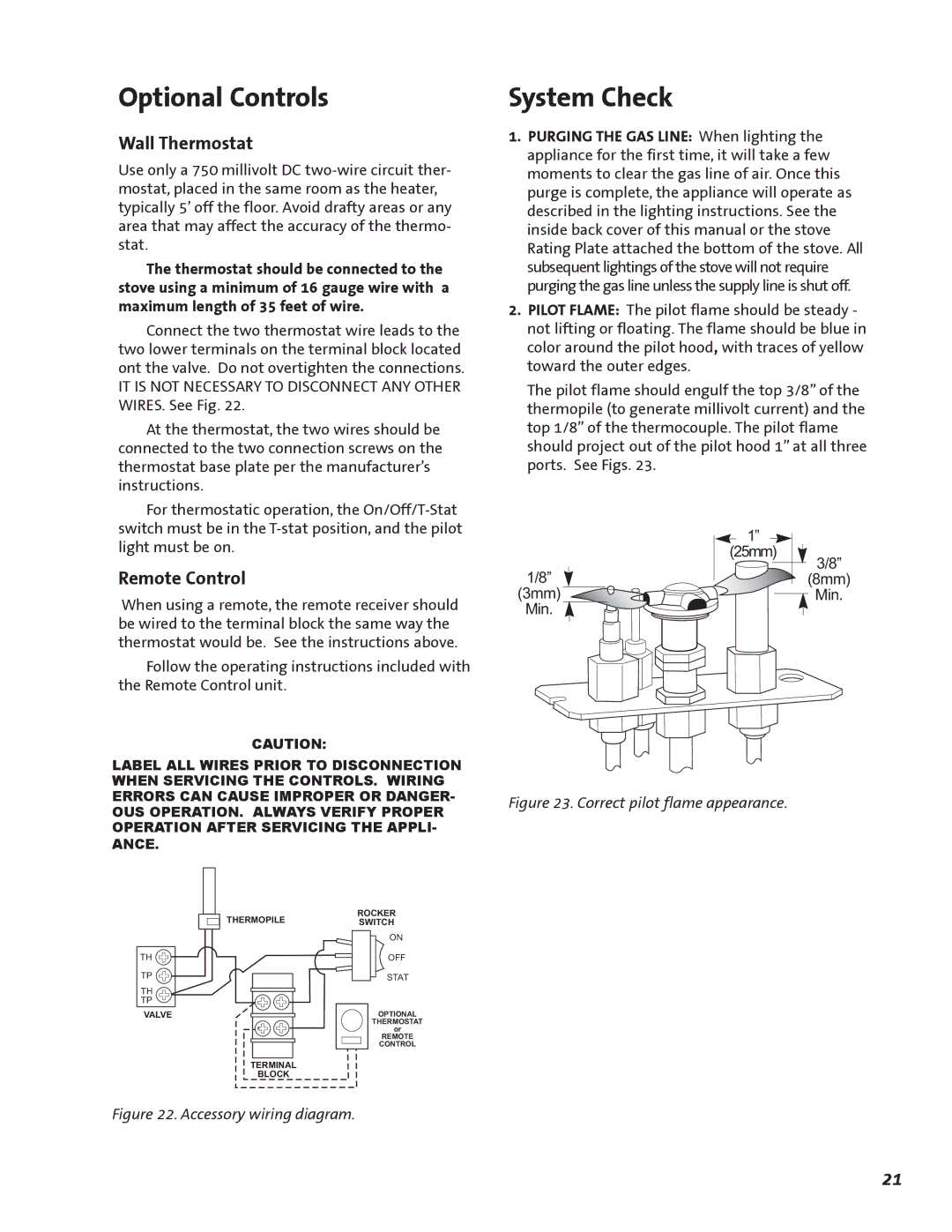 Jotul GF 600 DV manual Optional Controls, System Check, Wall Thermostat, Remote Control 