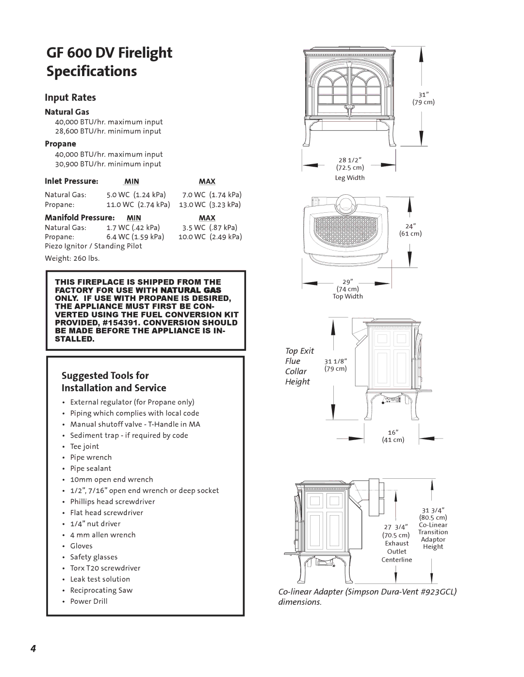 Jotul manual GF 600 DV Firelight Specifications, Input Rates, Suggested Tools for Installation and Service 