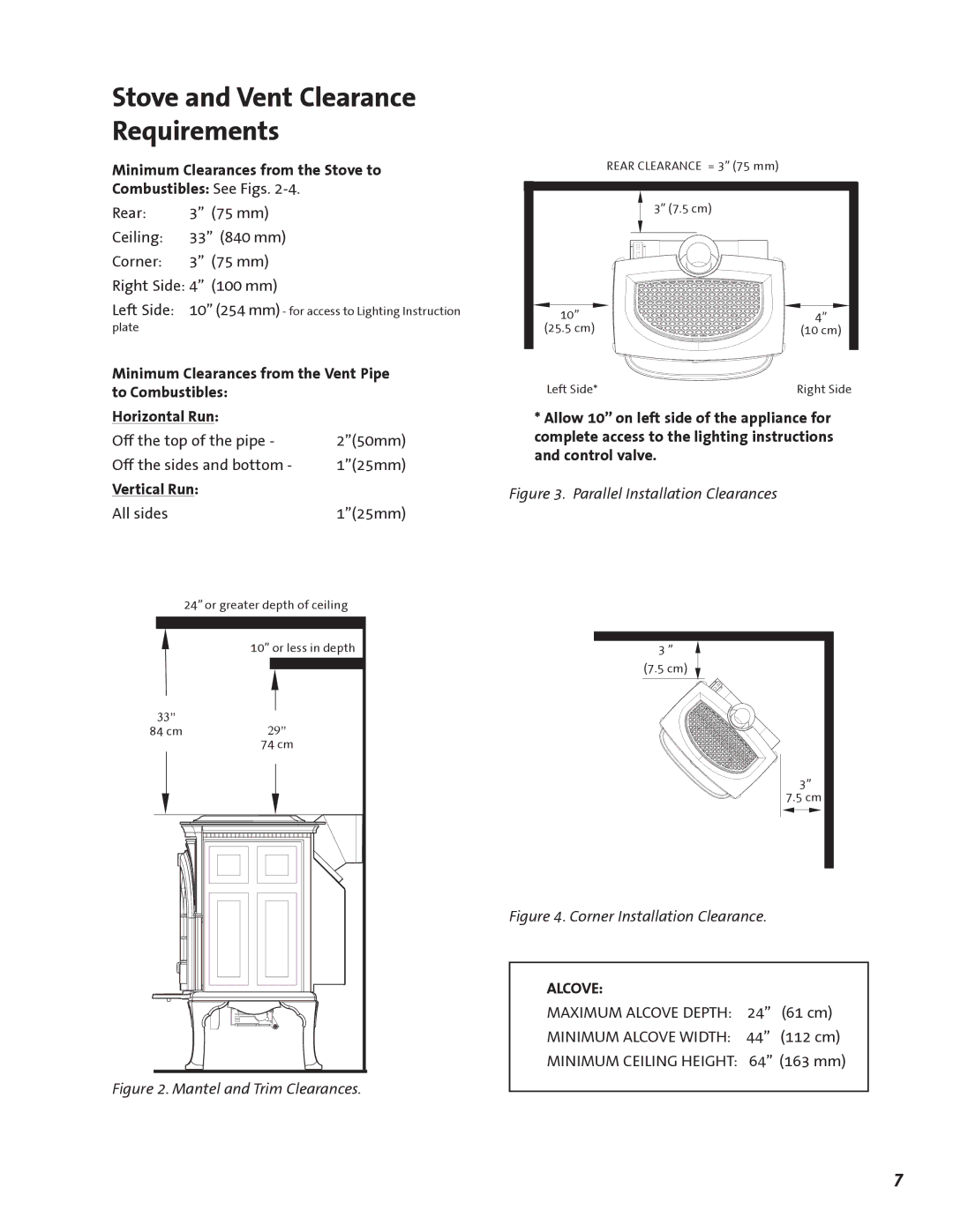 Jotul GF 600 DV manual Minimum Clearances from the Stove to Combustibles See Figs, Vertical Run, Alcove 