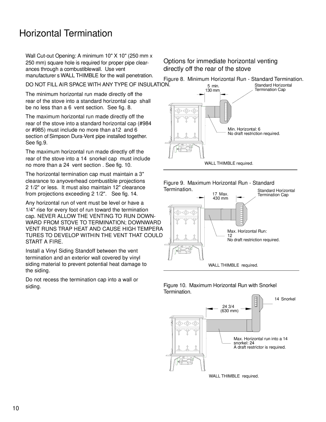 Jotul GF100 DV manual Horizontal Termination, Wall Thimble required 