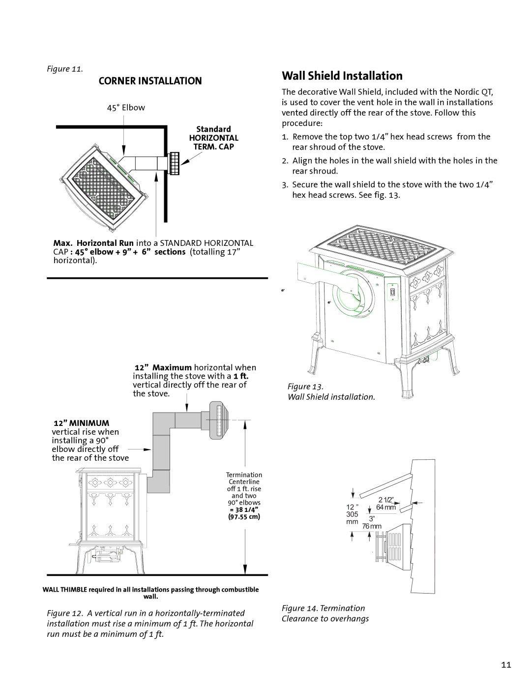 Jotul GF100 DV manual Wall Shield Installation, Standard 