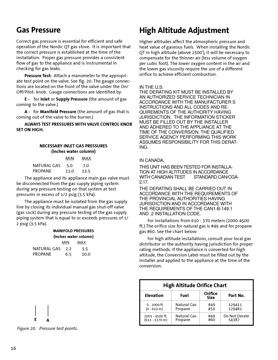 Jotul GF100 DV manual Gas Pressure, High Altitude Adjustment, High Altitude Orifice Chart, Inches water column 