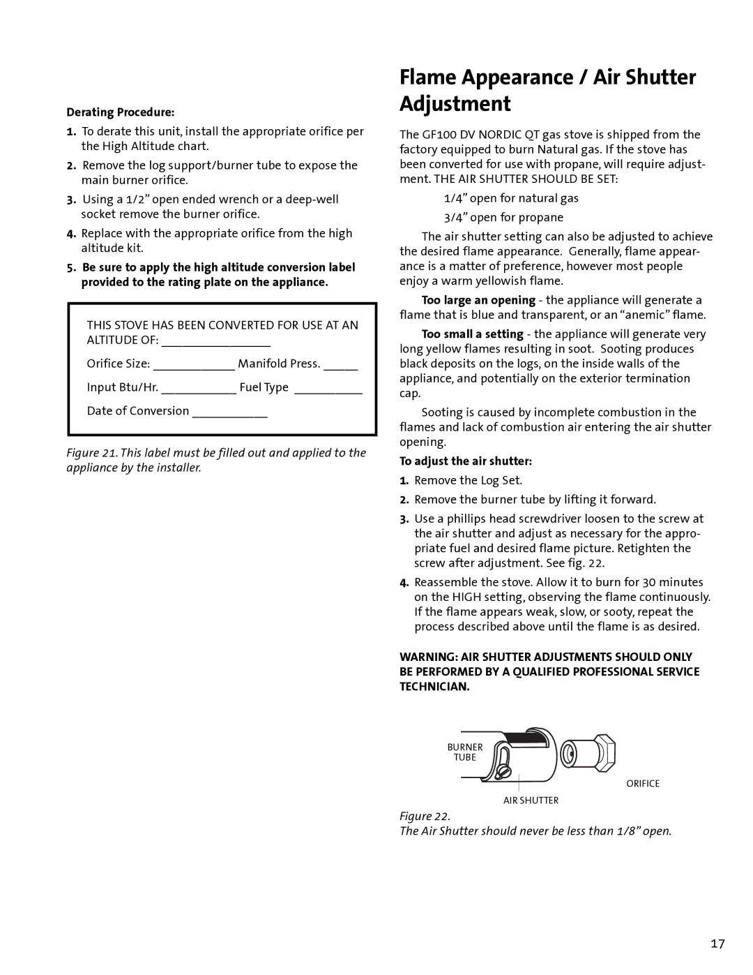 Jotul GF100 DV manual Flame Appearance / Air Shutter Adjustment, Derating Procedure, To adjust the air shutter 