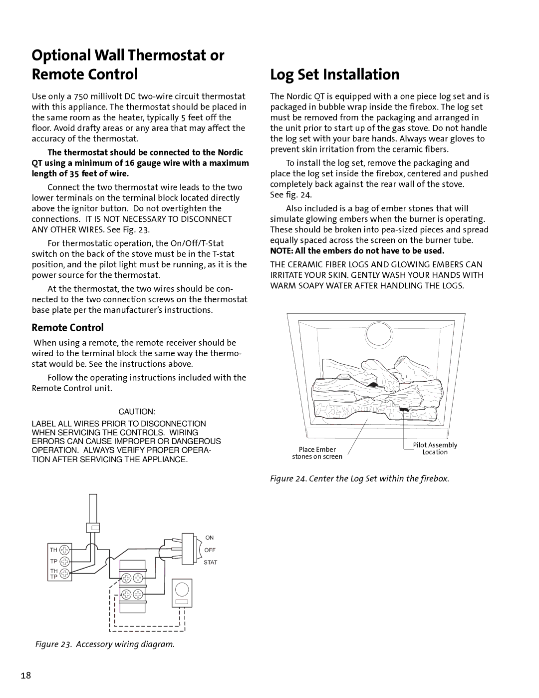 Jotul GF100 DV manual Optional Wall Thermostat or Remote Control, Log Set Installation 