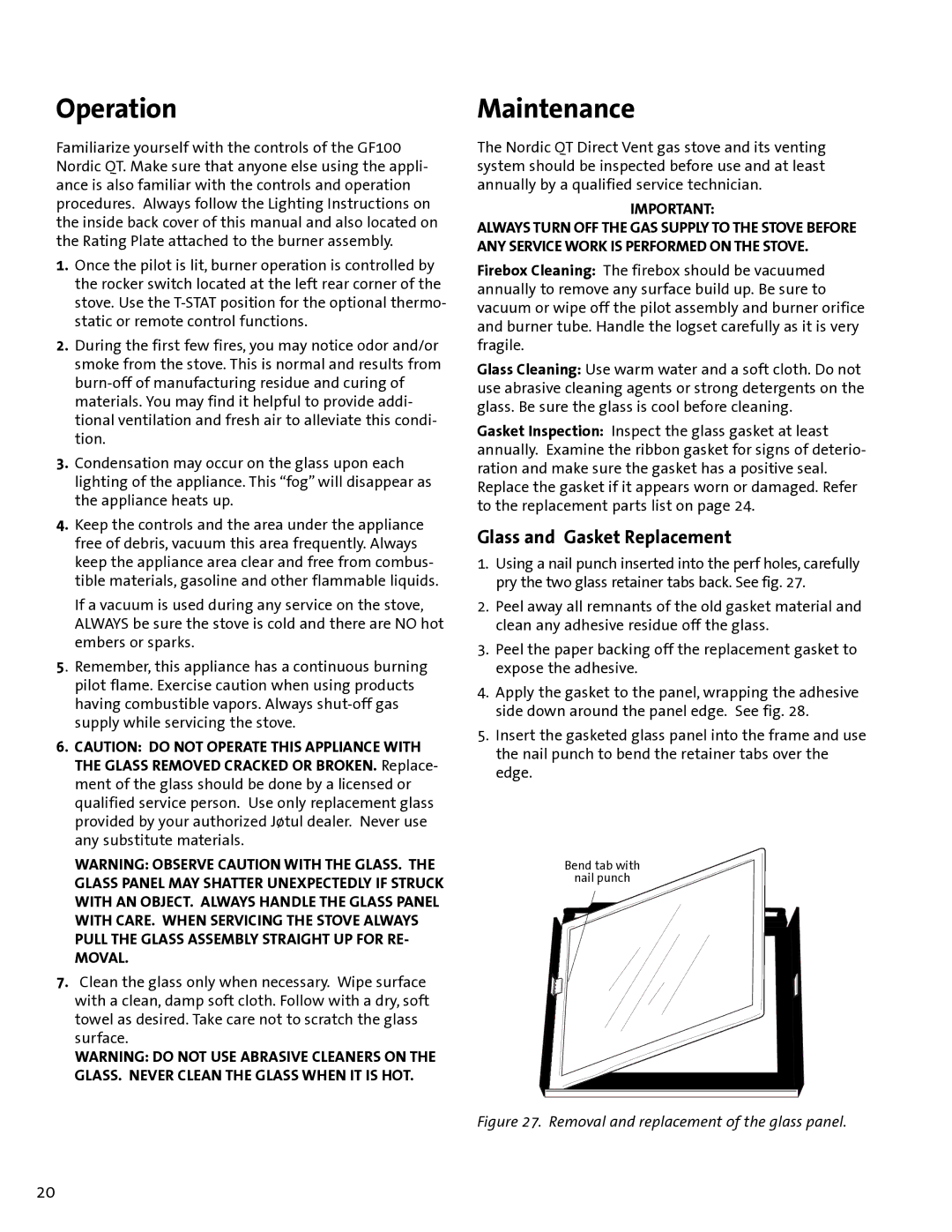 Jotul GF100 DV manual Operation, Maintenance, Glass and Gasket Replacement 