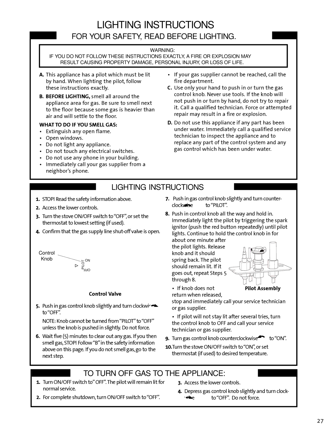 Jotul GF100 DV manual Lighting Instructions, Control Valve 