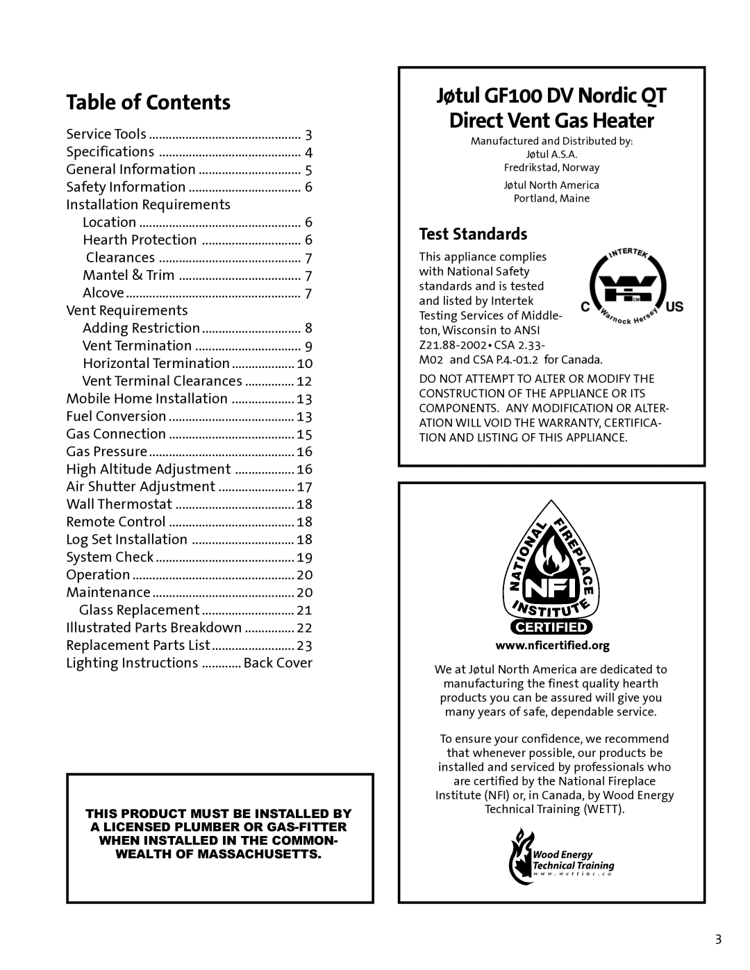 Jotul manual Jøtul GF100 DV Nordic QT Direct Vent Gas Heater, Table of Contents 