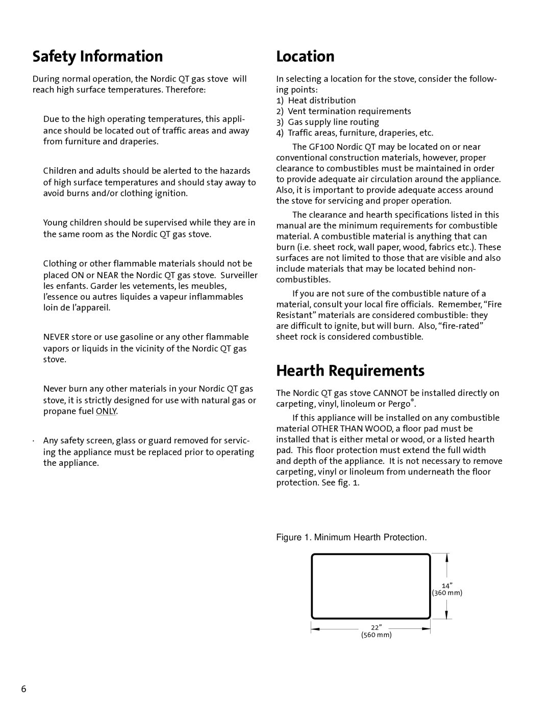 Jotul GF100 DV manual Safety Information, Location, Hearth Requirements 