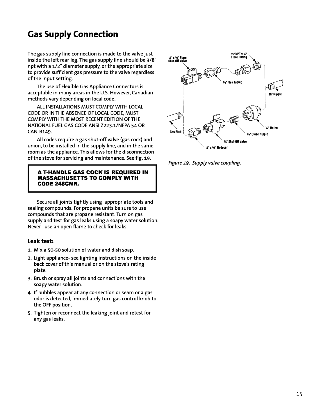 Jotul GF100 DV manual Gas Supply Connection, Leak test, Supply valve coupling, CODE 248CMR 