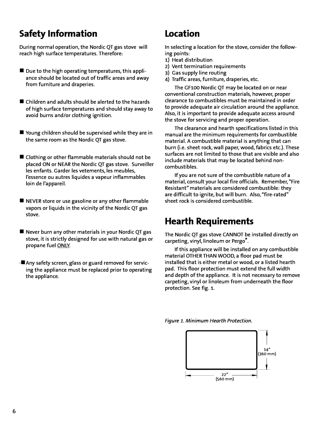 Jotul GF100 DV manual Safety Information, Location, Hearth Requirements, Minimum Hearth Protection 