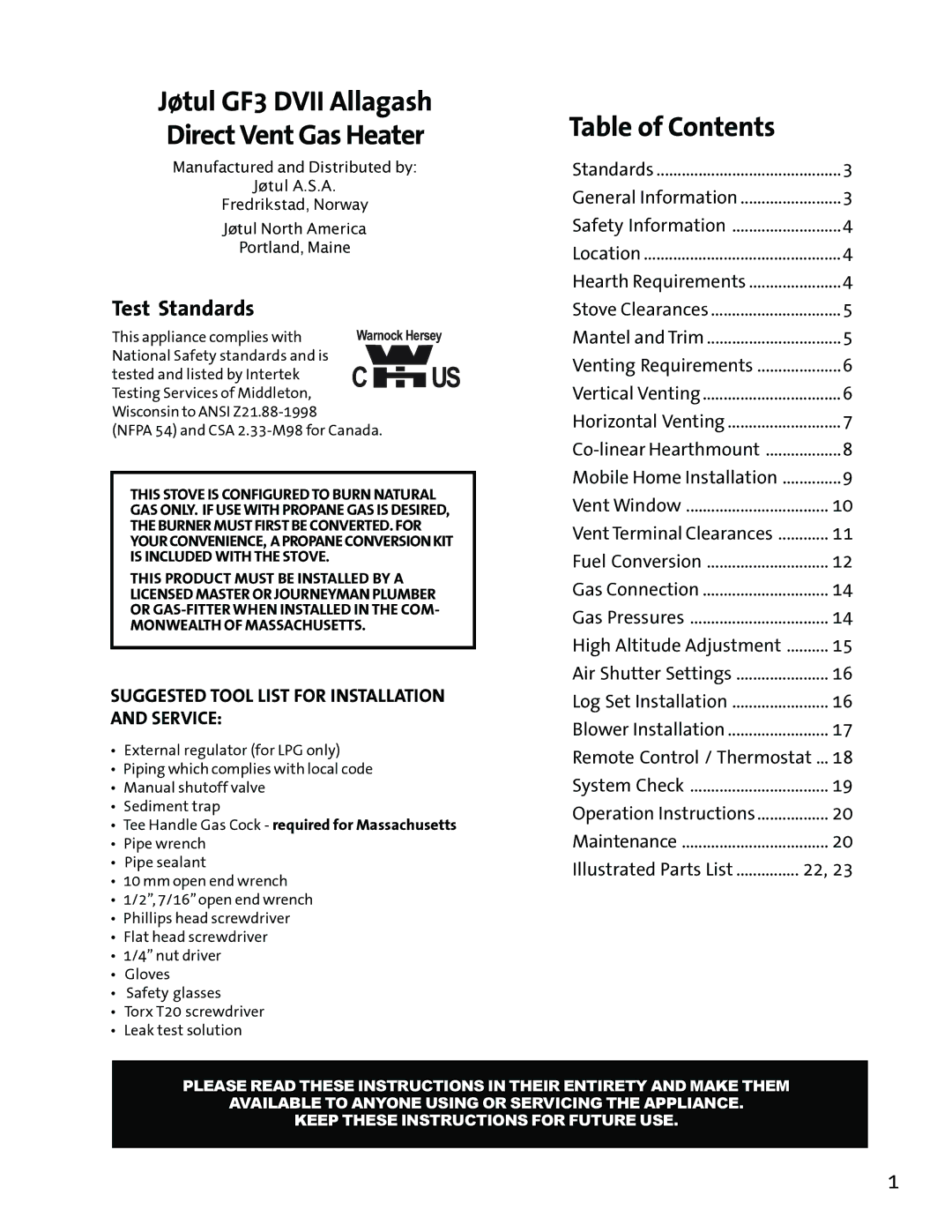 Jotul GF3 DVII manual Table of Contents 